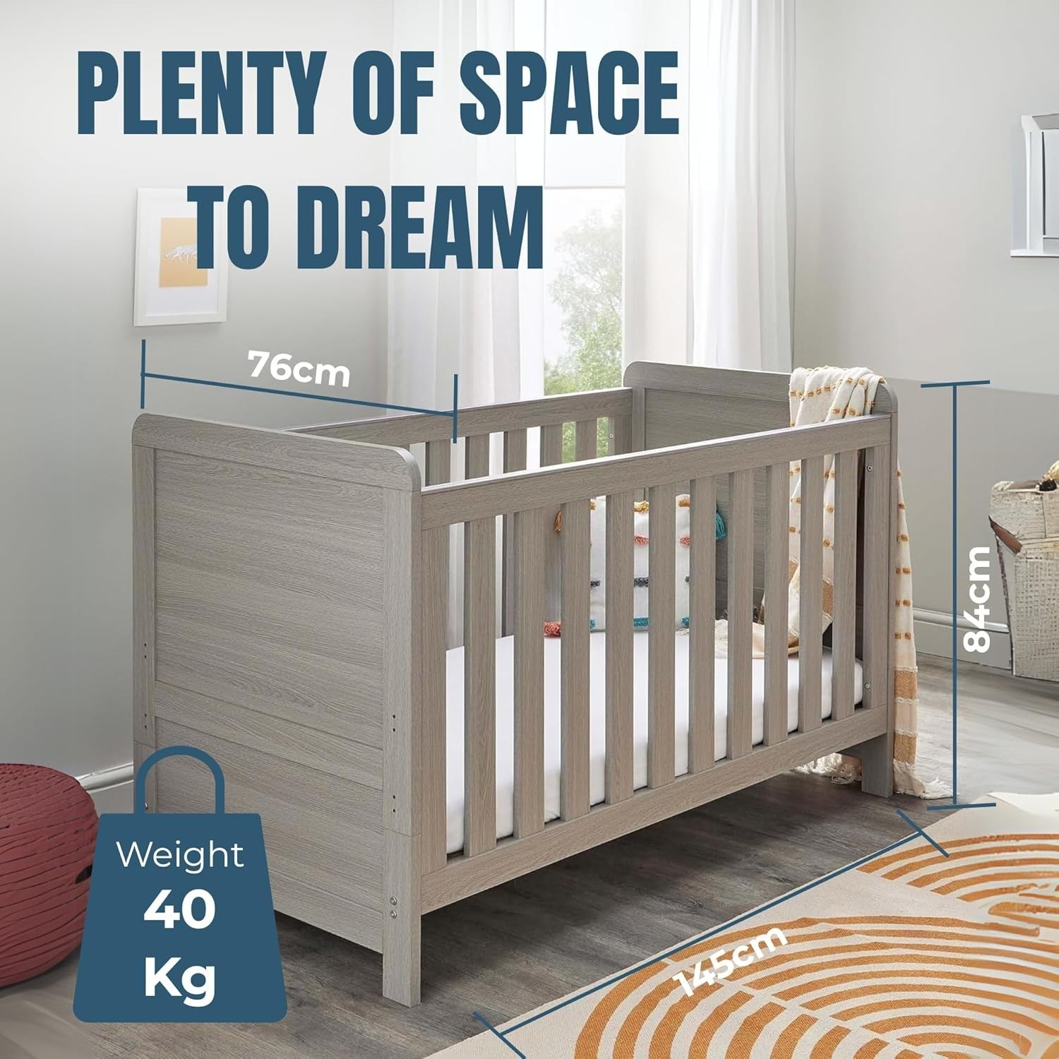 Convertible Baby Cot Bed Toddler Bed Adjustable Height w/ Teething Rails Grey