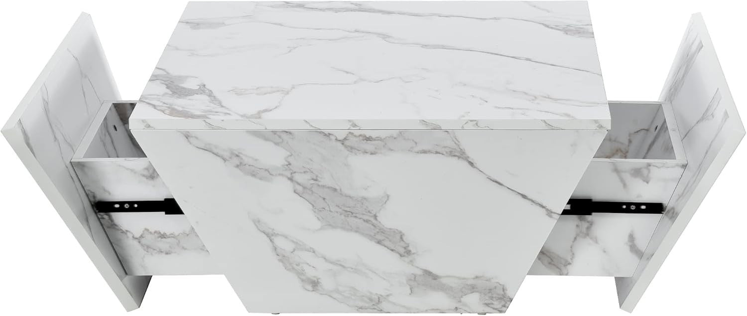 White Marble Veneer Coffee Table with Storage 70x70x36cm Square Side Table
