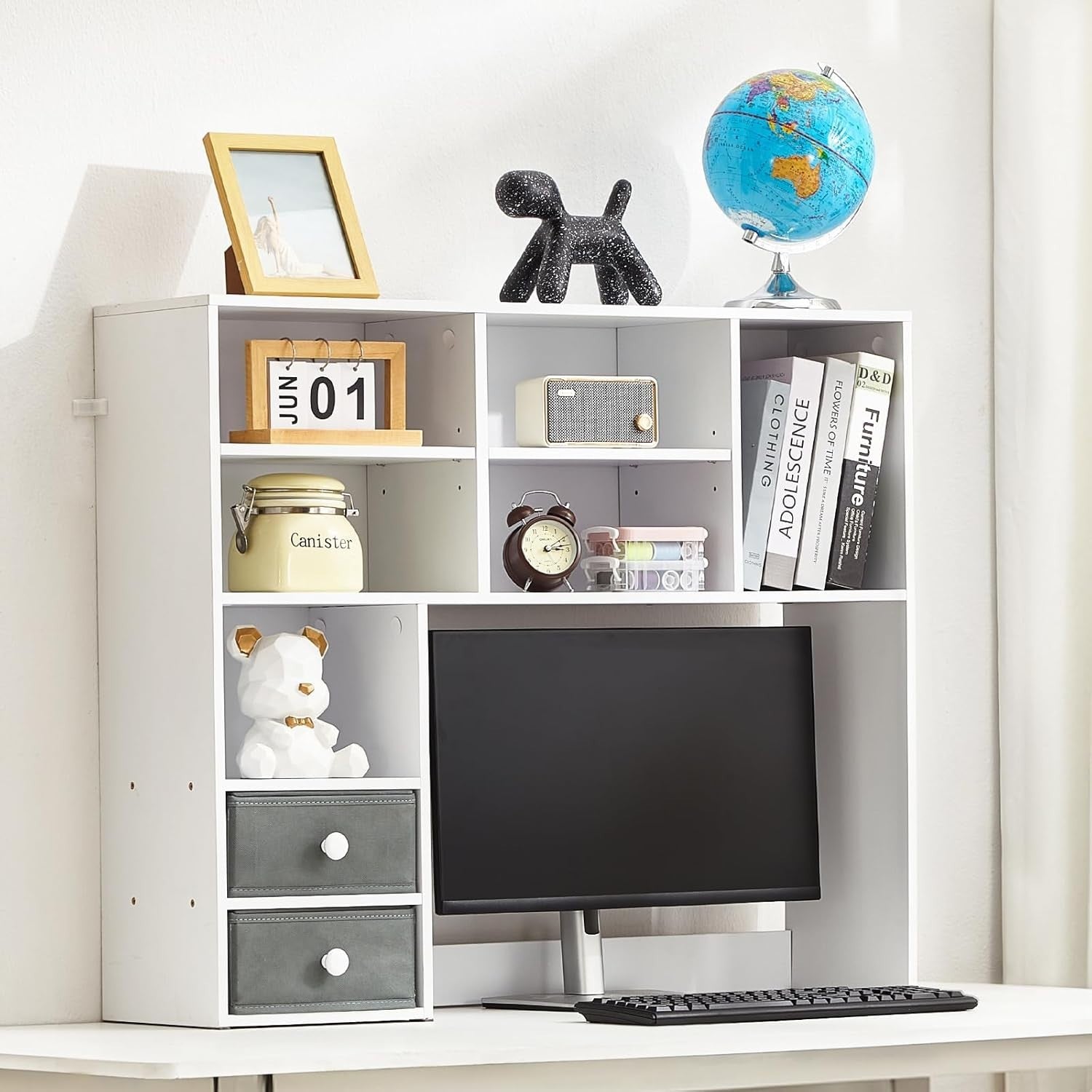 White 3-Tier Desktop Bookshelf 94cm Desk Hutch Organizer w/ Fabric Drawers