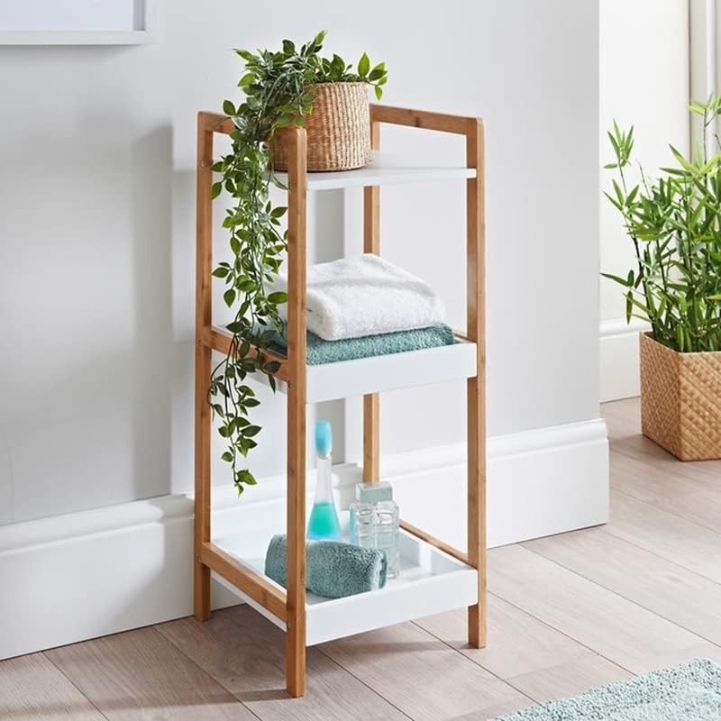 3 Tier Narrow White Shelving Unit Bookcase Bamboo Storage Shelf 72cm High