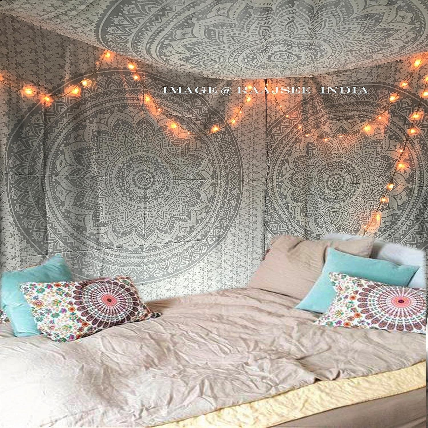Boho White Silver Ombre Mandala Tapestry 52x82" Cotton Decor