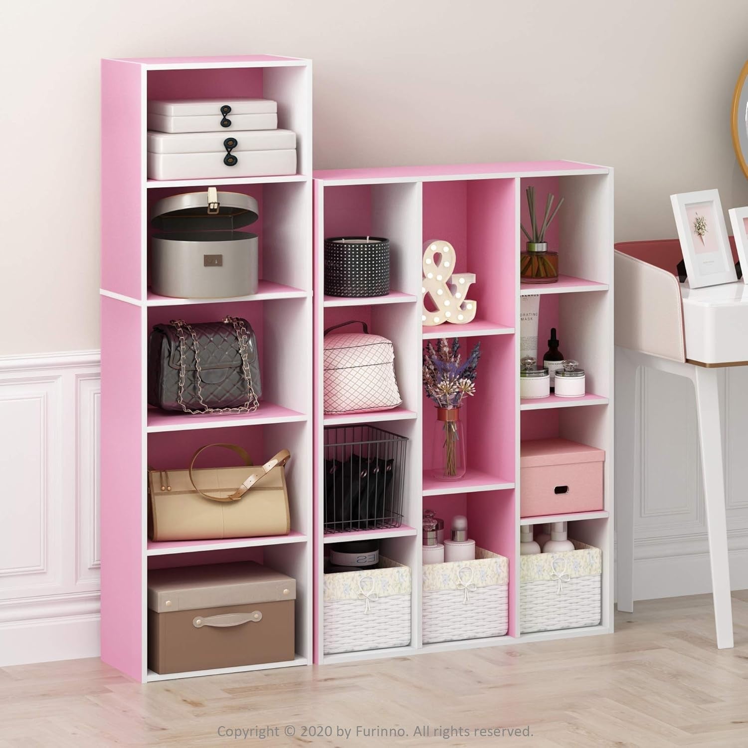 5 Tier Reversible Bookcase Storage Open Shelf Compact Organizer Bookshelf Pink