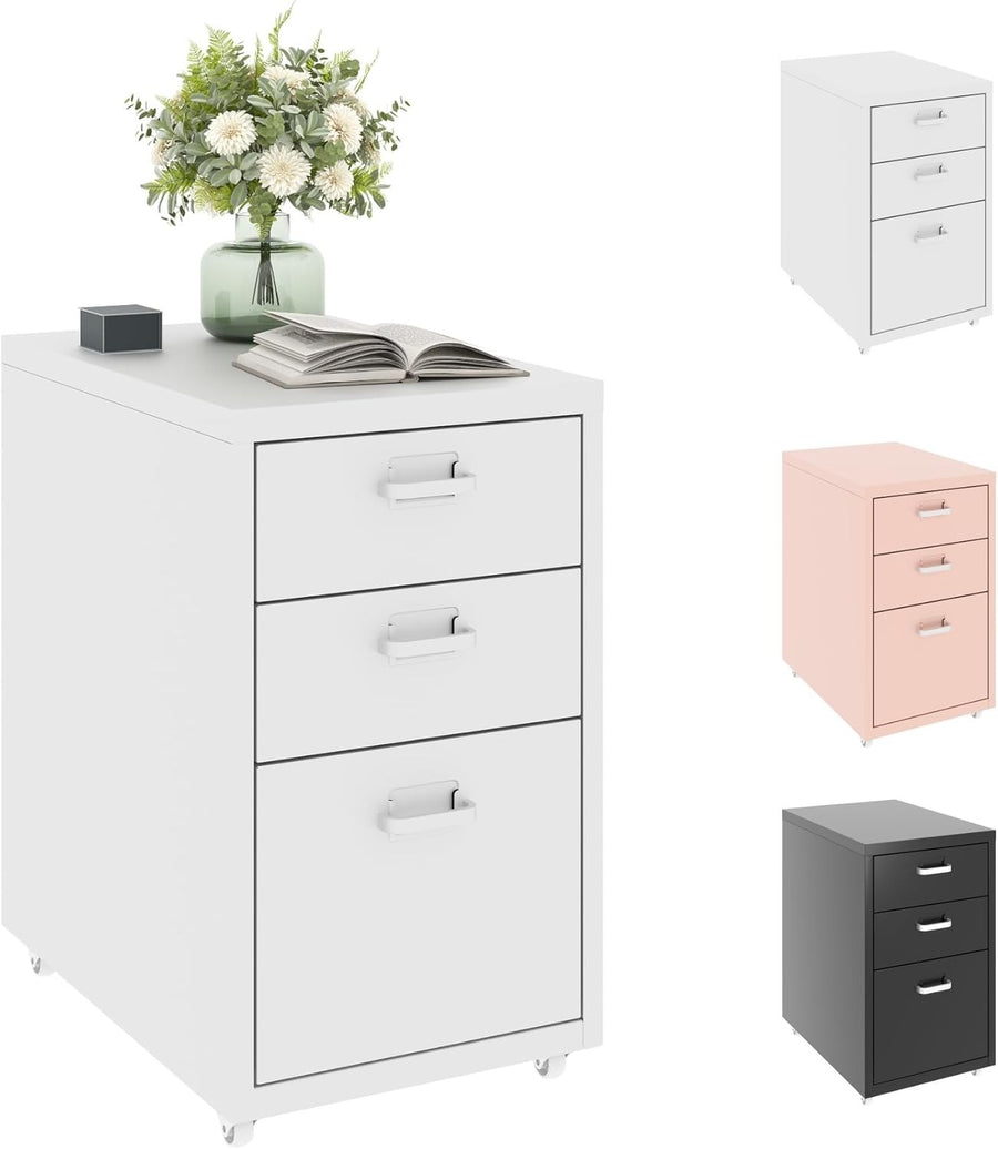 White Mobile Filing Cabinet 3 Drawer A4 Under Desk Printer Stand
