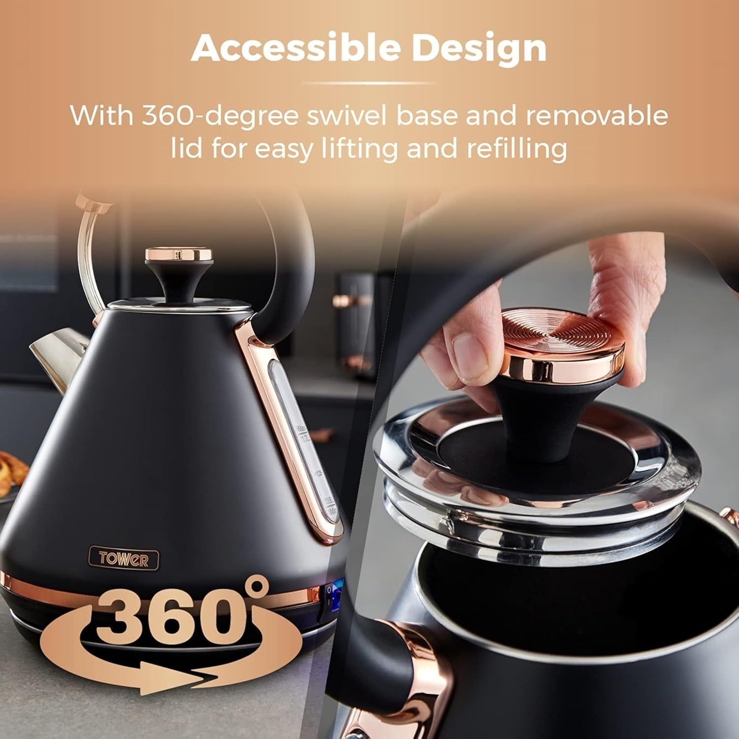 3000W Black Rose Gold Kettle 1.7L Rapid Boil Cordless Modern Pyramid