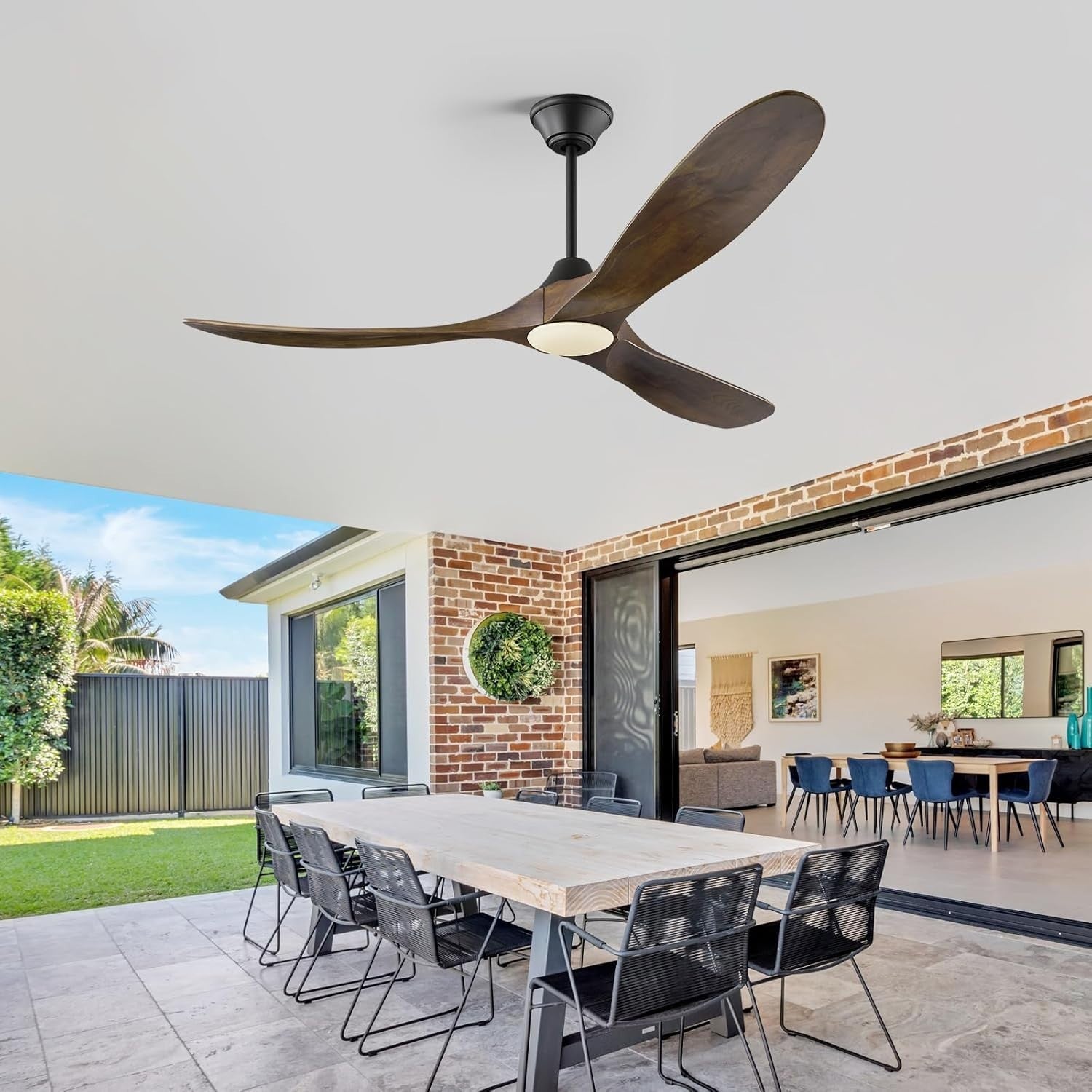 MSHENUED 52" Outdoor Ceiling Fan with Light, 3-Blade DC Motor, Black Walnut