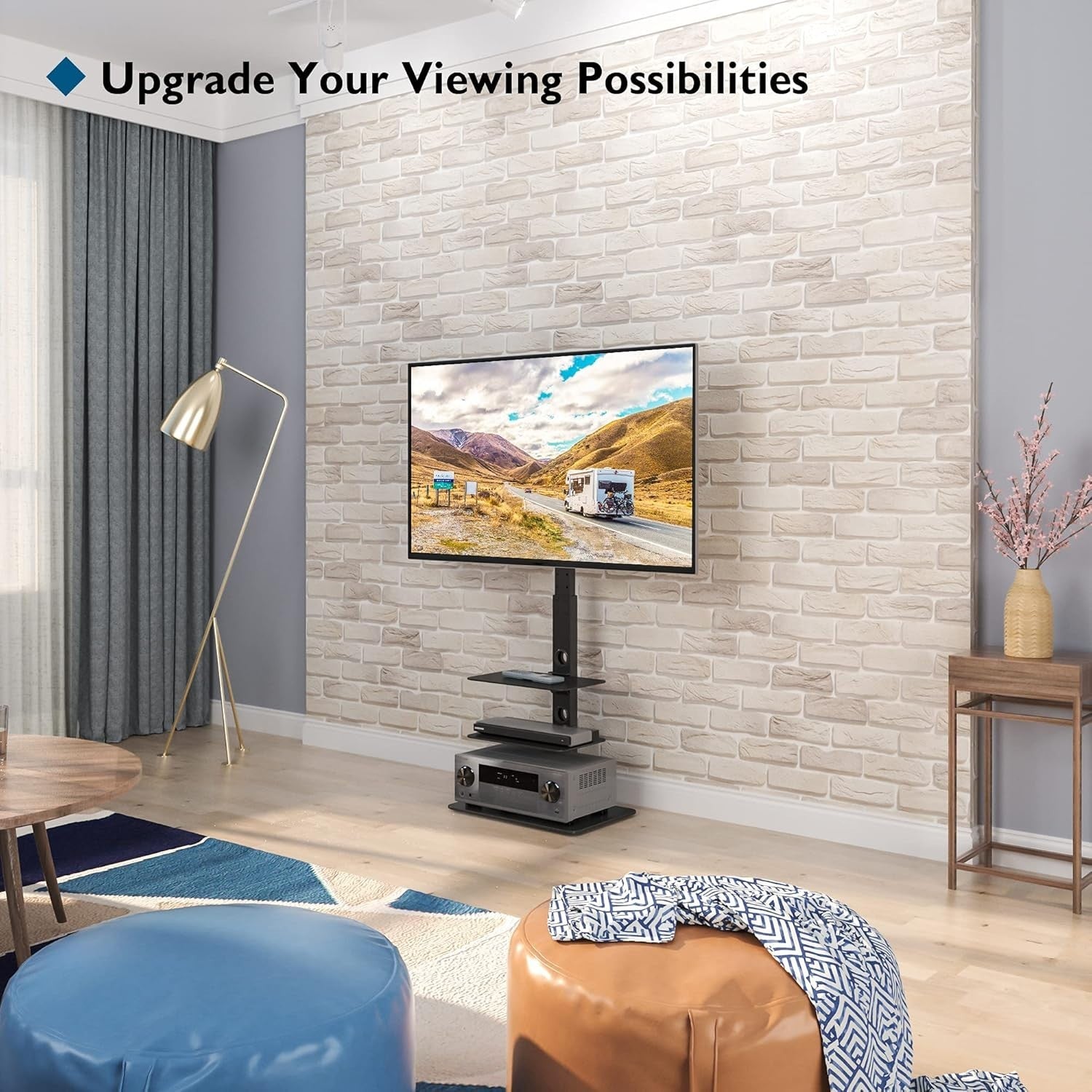 Universal Black TV Floor Stand 30-70" Adjustable Swivel 3-Tier Glass Shelves