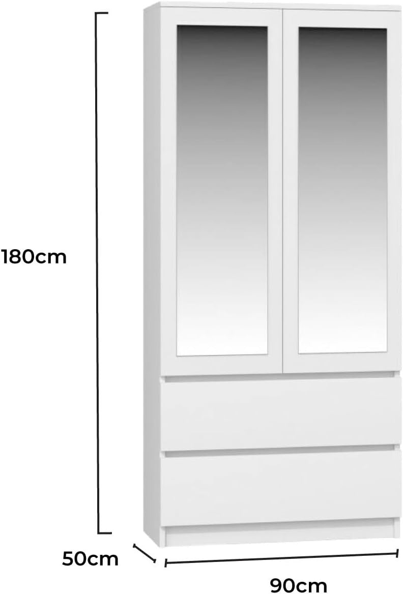 White Modern Double Wardrobe with Mirror & Drawers - Bedroom Storage