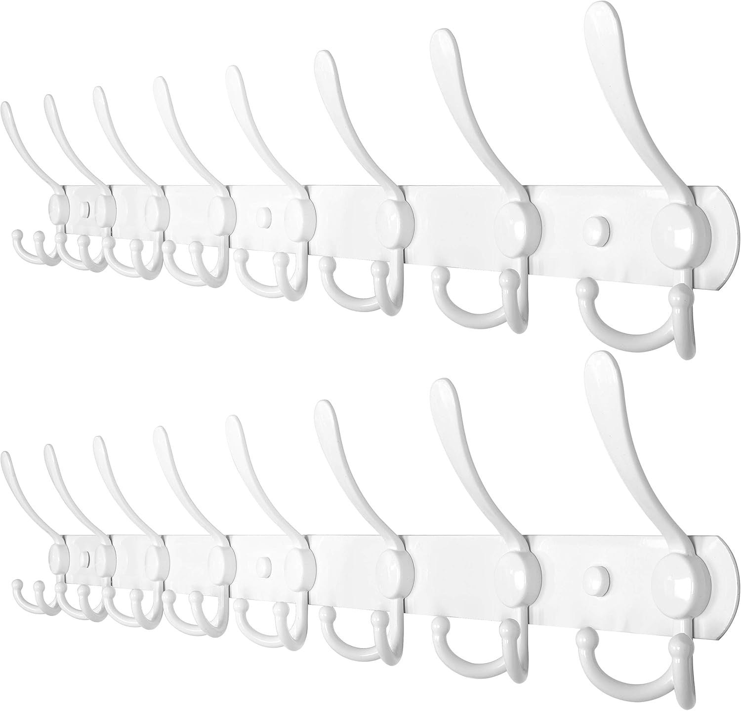 2 Pack 75cm Wall Mounted Coat Racks with 8 Hooks | White Metal Hook Rail