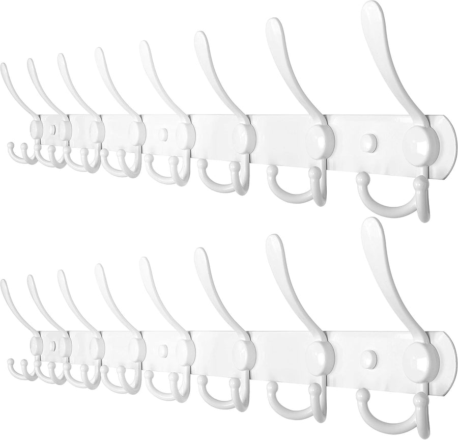 2 Pack 75cm Wall Mounted Coat Racks with 8 Hooks | White Metal Hook Rail
