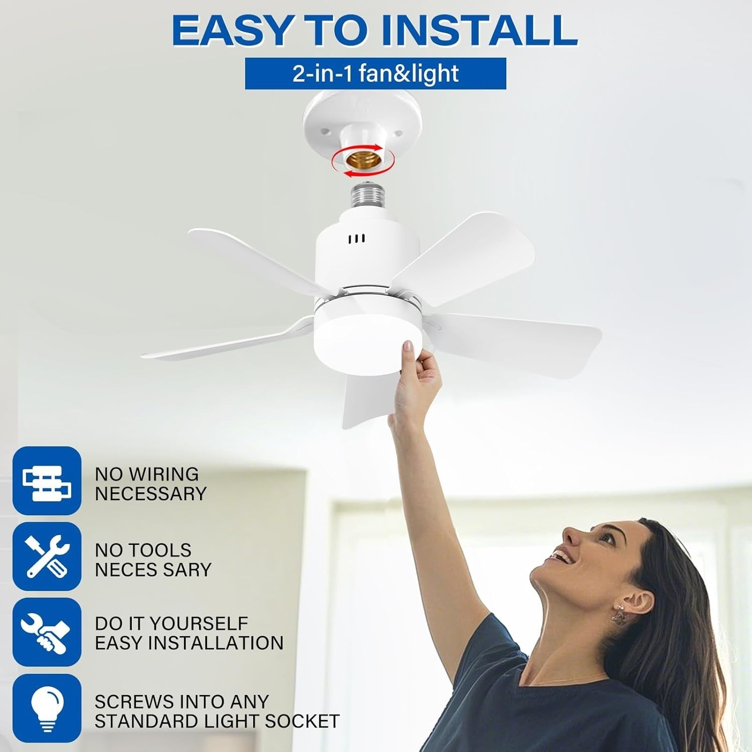 Ceiling Fan Light, Dimmable E26/E27, 5 Blades, 3 Colors, Remote & App Control