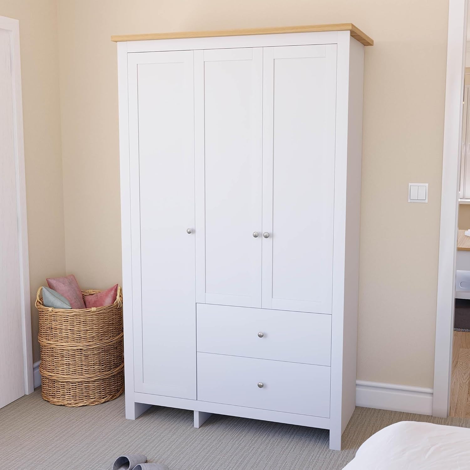 3 Door Wardrobe with Drawers & Clothes Rail - White Storage Cabinet 180cm