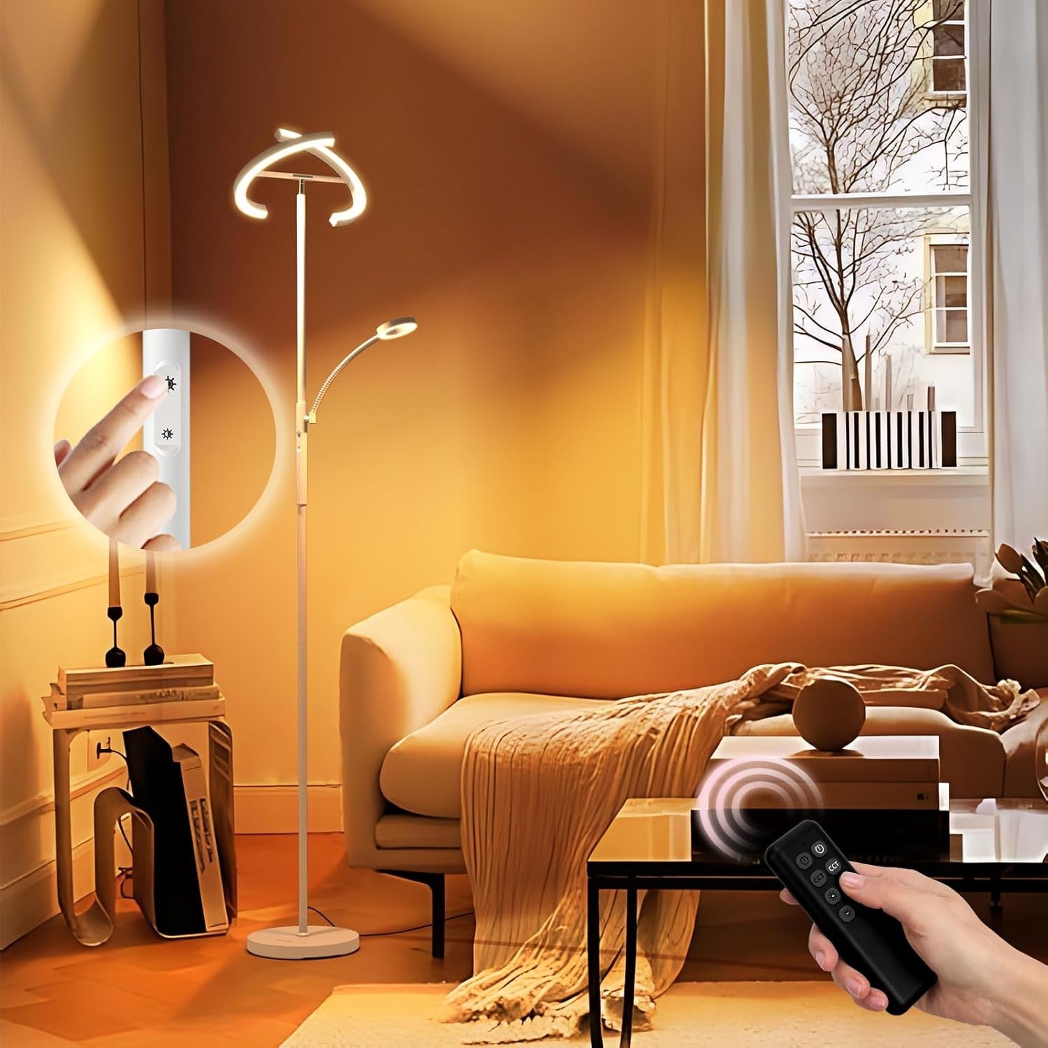 Dimmable LED Uplighter Floor Lamp with Reading Light Remote Touch Control