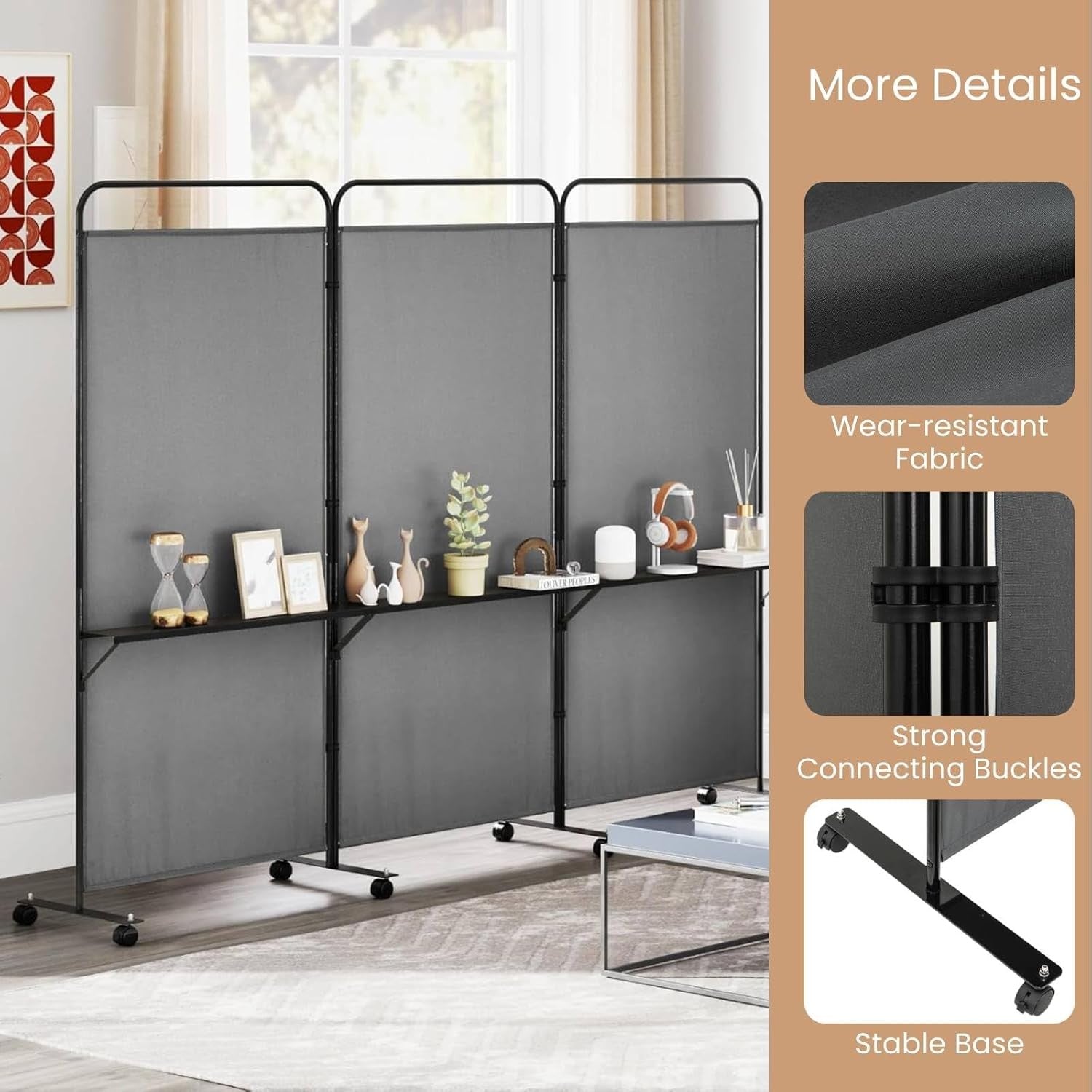 3 Panel Folding Room Divider with Shelves & Wheels 188cm Tall Privacy Screen