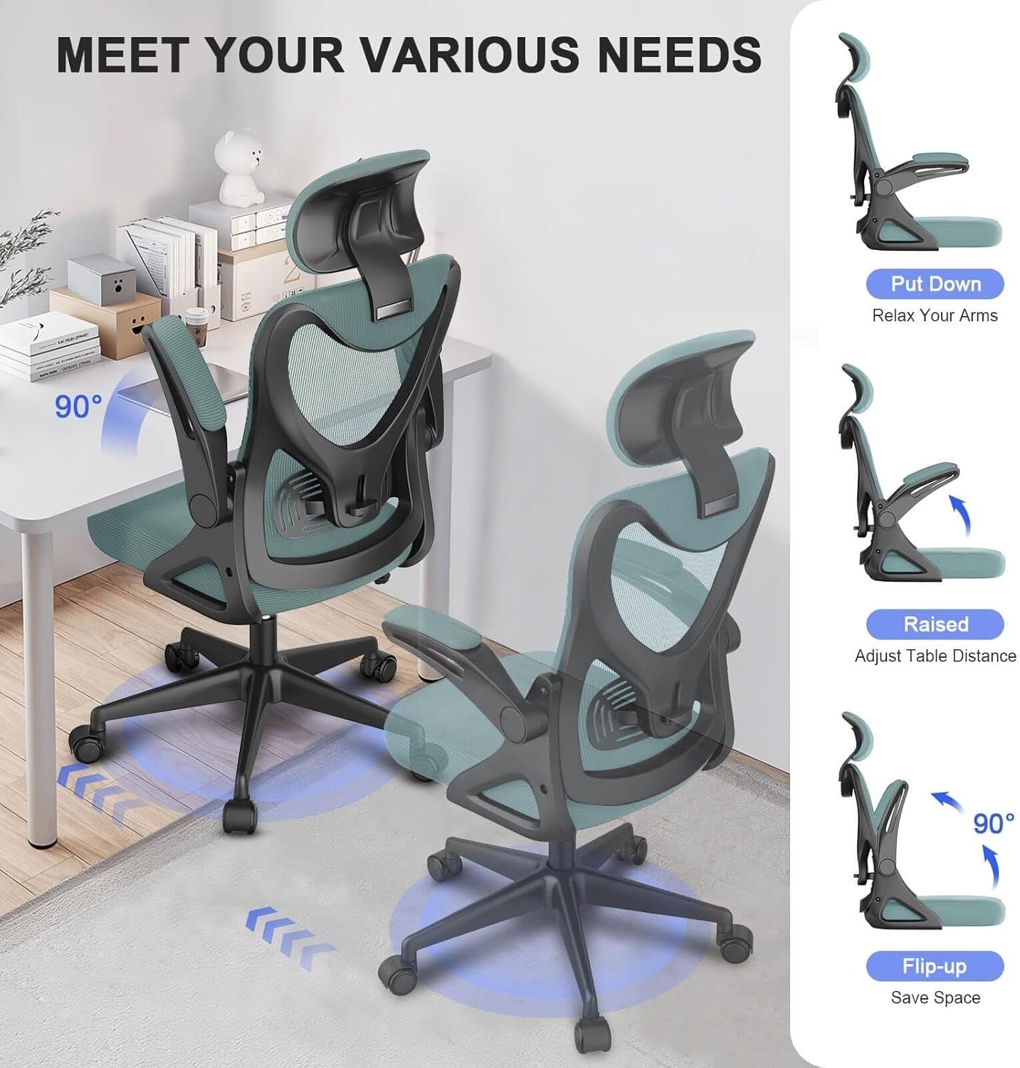 Ergonomic High Back Mesh Office Chair Adjustable Height Lumbar Support Flip Arms