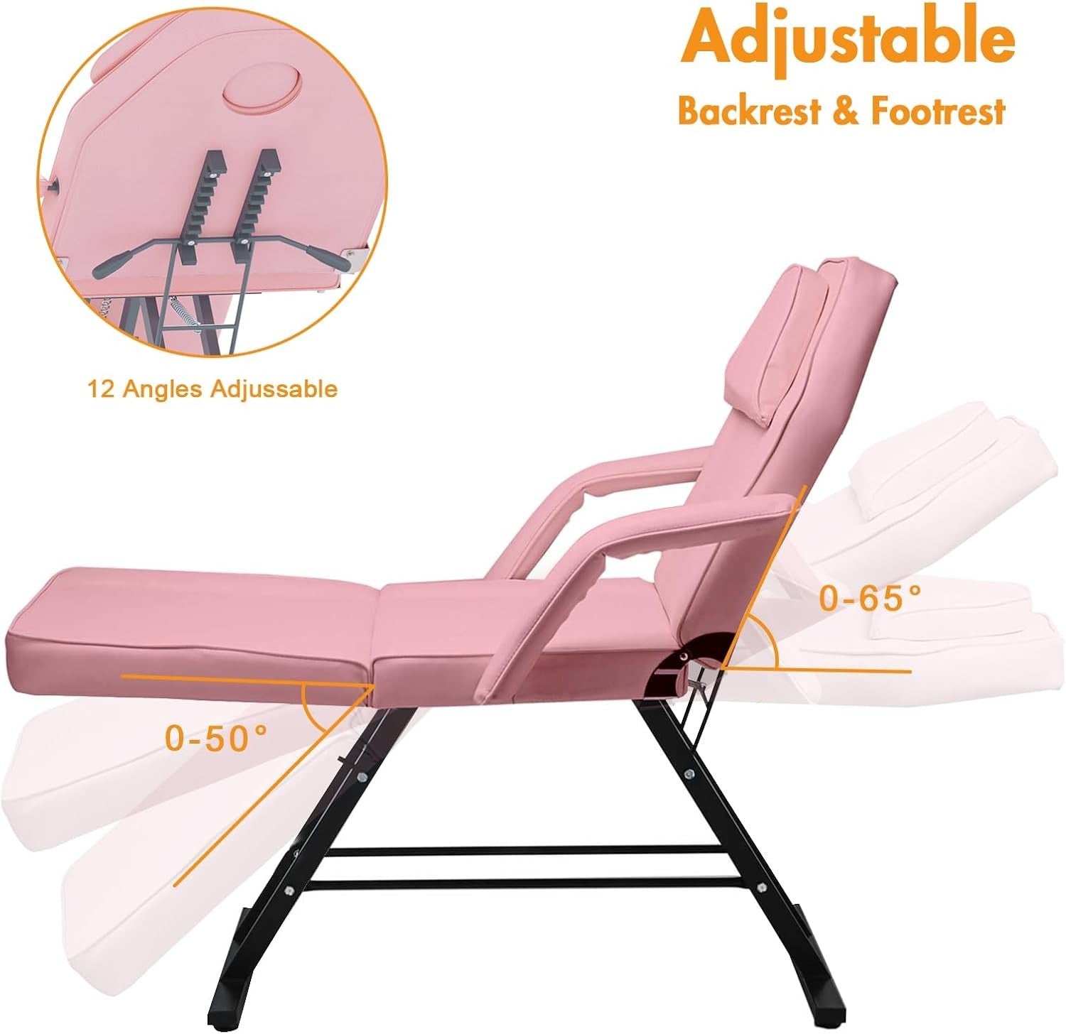 Adjustable 3-Section Massage Bed w/ Armrests & Hydraulic Stool Pink Heavy-Duty