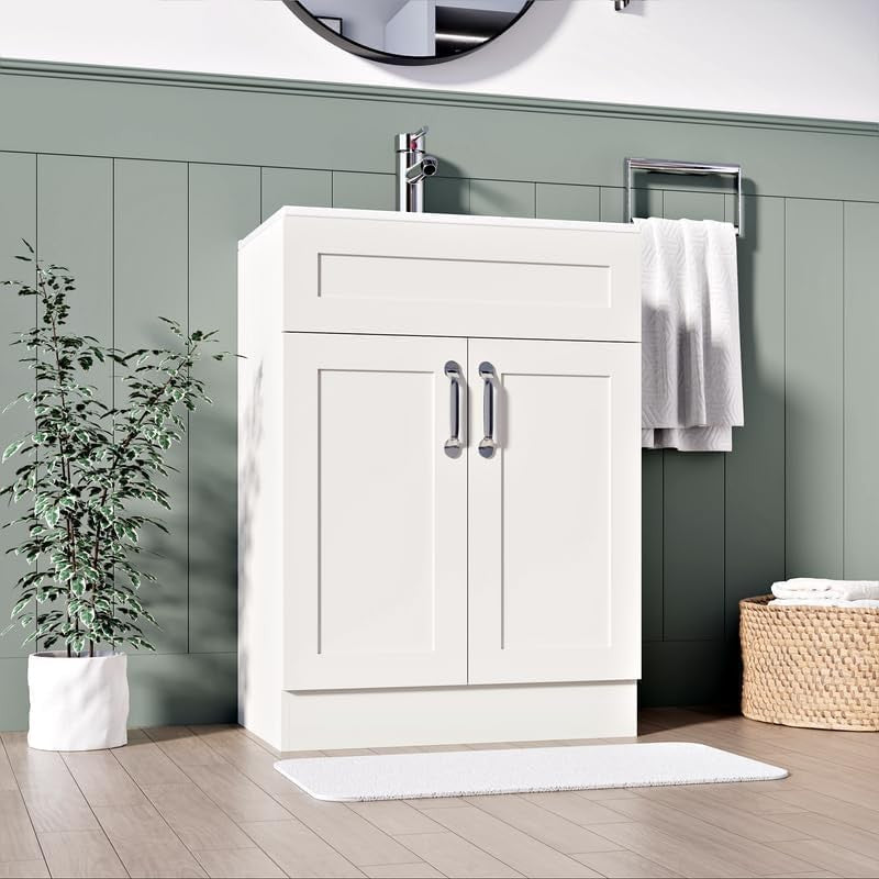 600mm White Bathroom Vanity Unit with Basin Floor Standing Sink Storage Cabinet