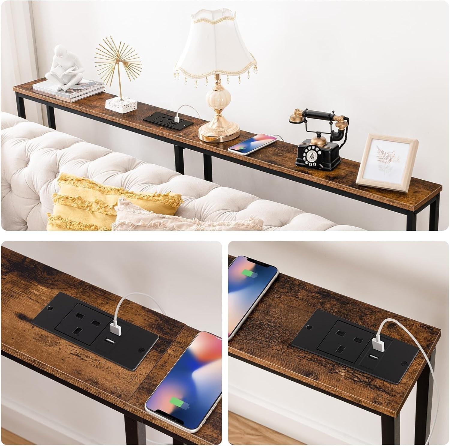 Slim Hallway Console Table with USB Charging, Narrow 180cm, Rustic Brown