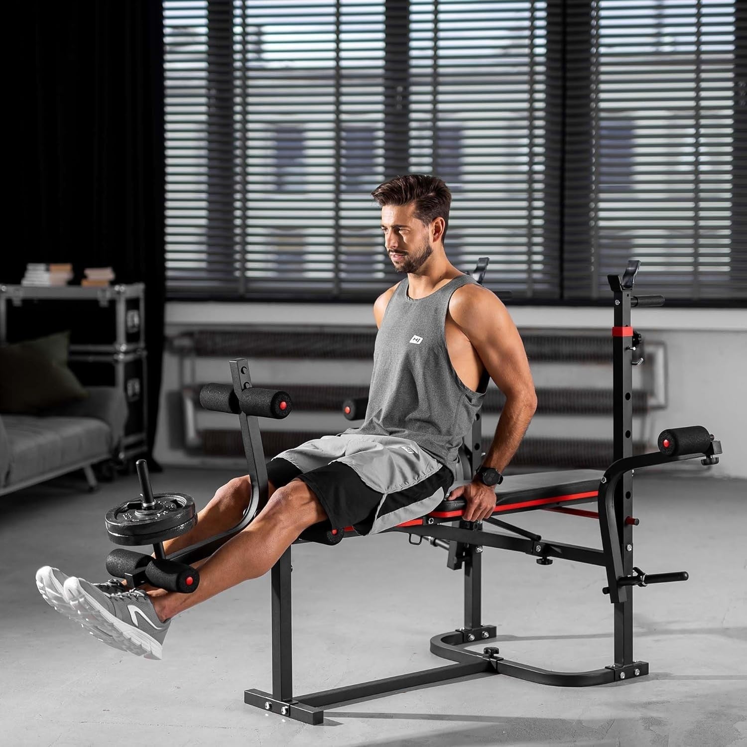 Foldable Multi-Function Weight Bench With Barbell Rack Curl & Leg Trainer