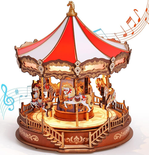 3D Wooden Carousel Music Box Puzzle with LED Lights & Romantic Tunes