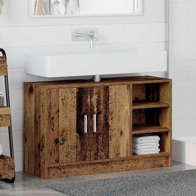 Rustic Brown Bathroom Sink Cabinet 90cm Modern Vanity Storage Unit with Shelves
