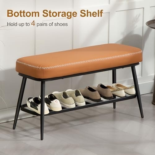 Brown PU Leather Shoe Storage Bench with Cushion Seat & Metal Frame Entryway