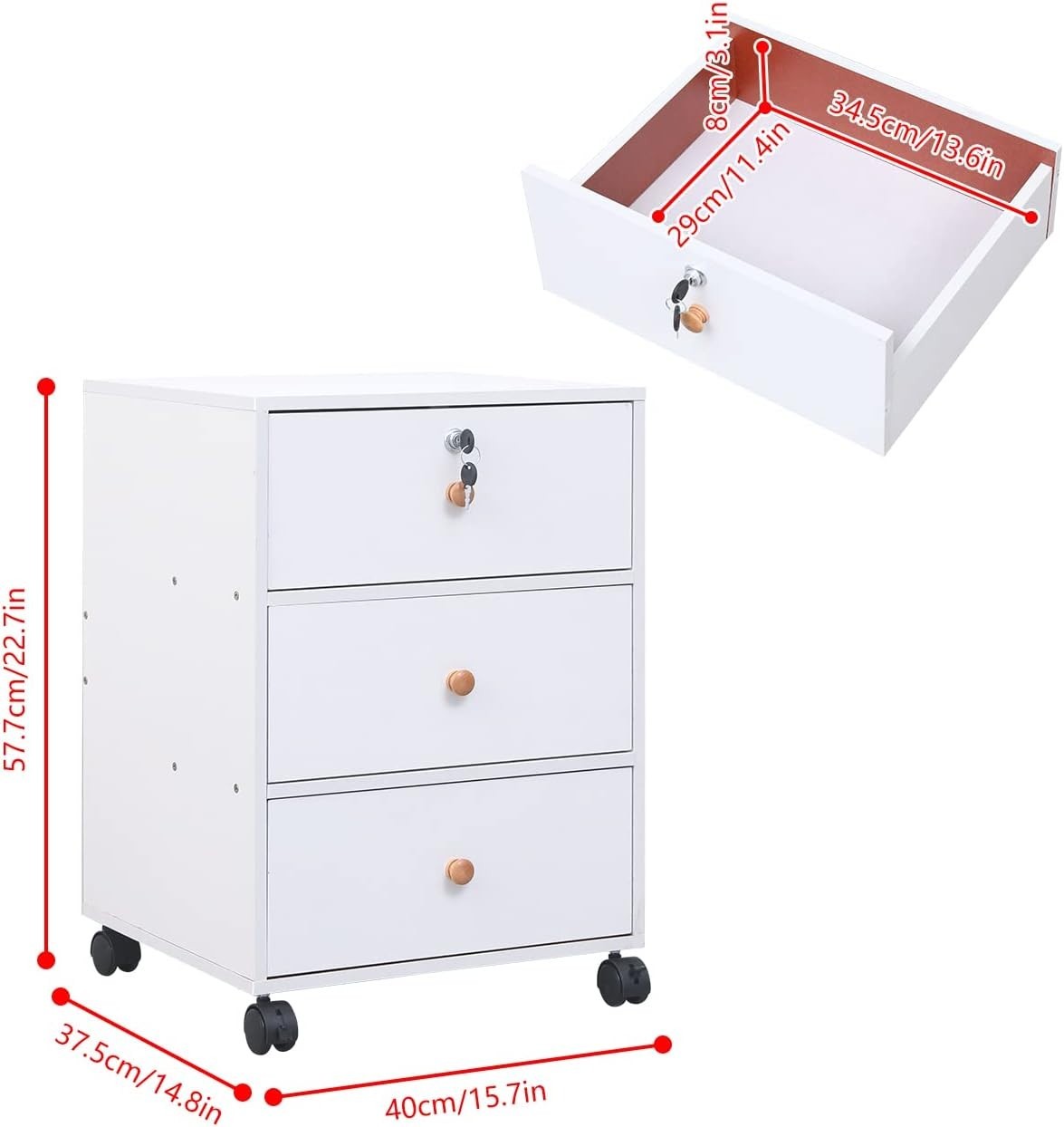 Rolling 3 Drawer File Cabinet Under Desk Top Lock Storage Pedestal