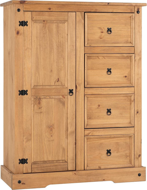 Rustic Pine Wardrobe 1 Door 4 Drawers Bedroom Storage with Hanging Rail