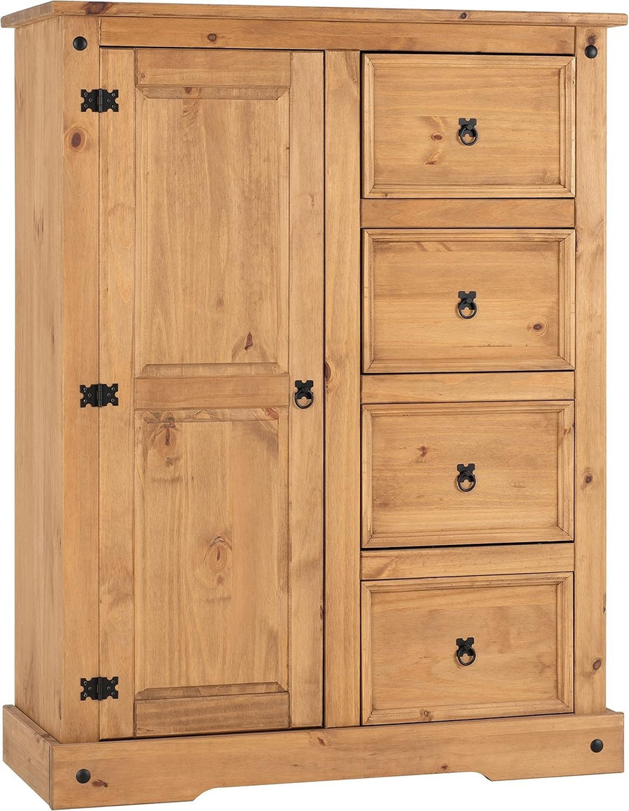 Rustic Pine Wardrobe 1 Door 4 Drawers Bedroom Storage with Hanging Rail