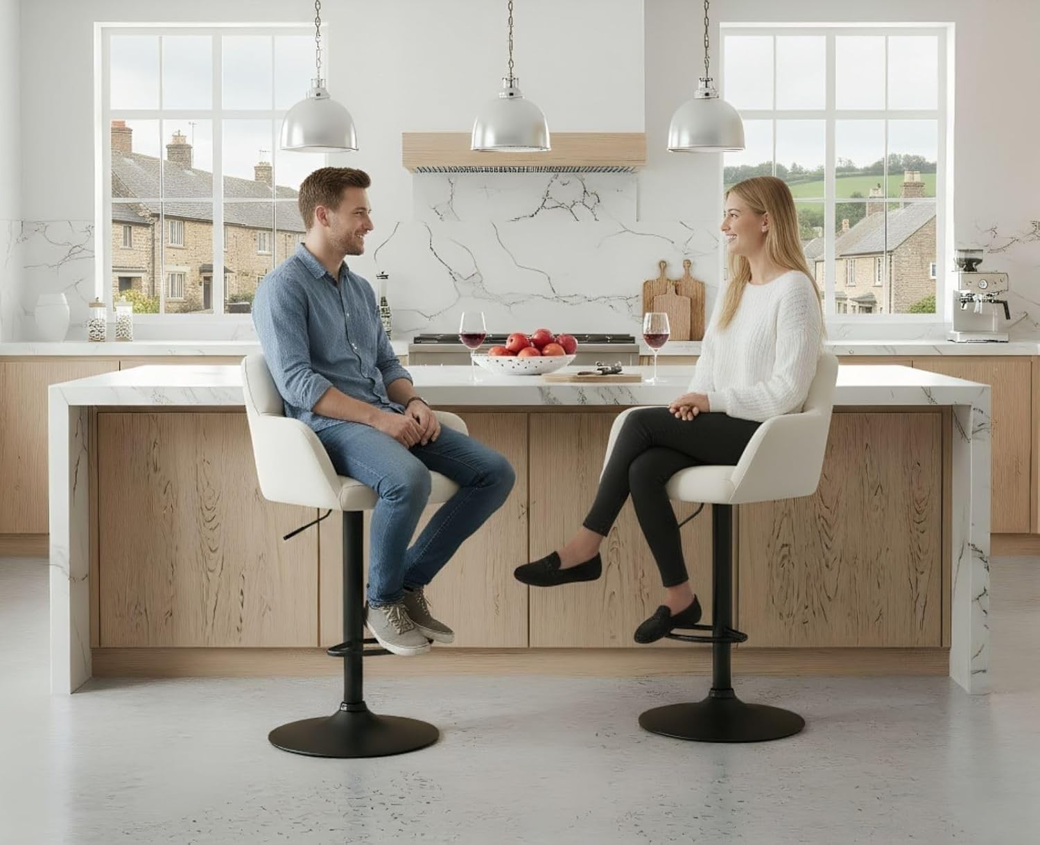 Adjustable Beige Velvet Bar Stools Set of 2 Swivel Kitchen Counter