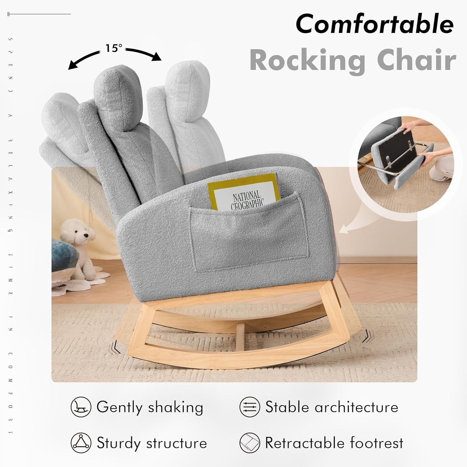 Rocking Chair w/ Footrest & Side Pocket, Comfy Teddy Fabric, Ergonomic Seat
