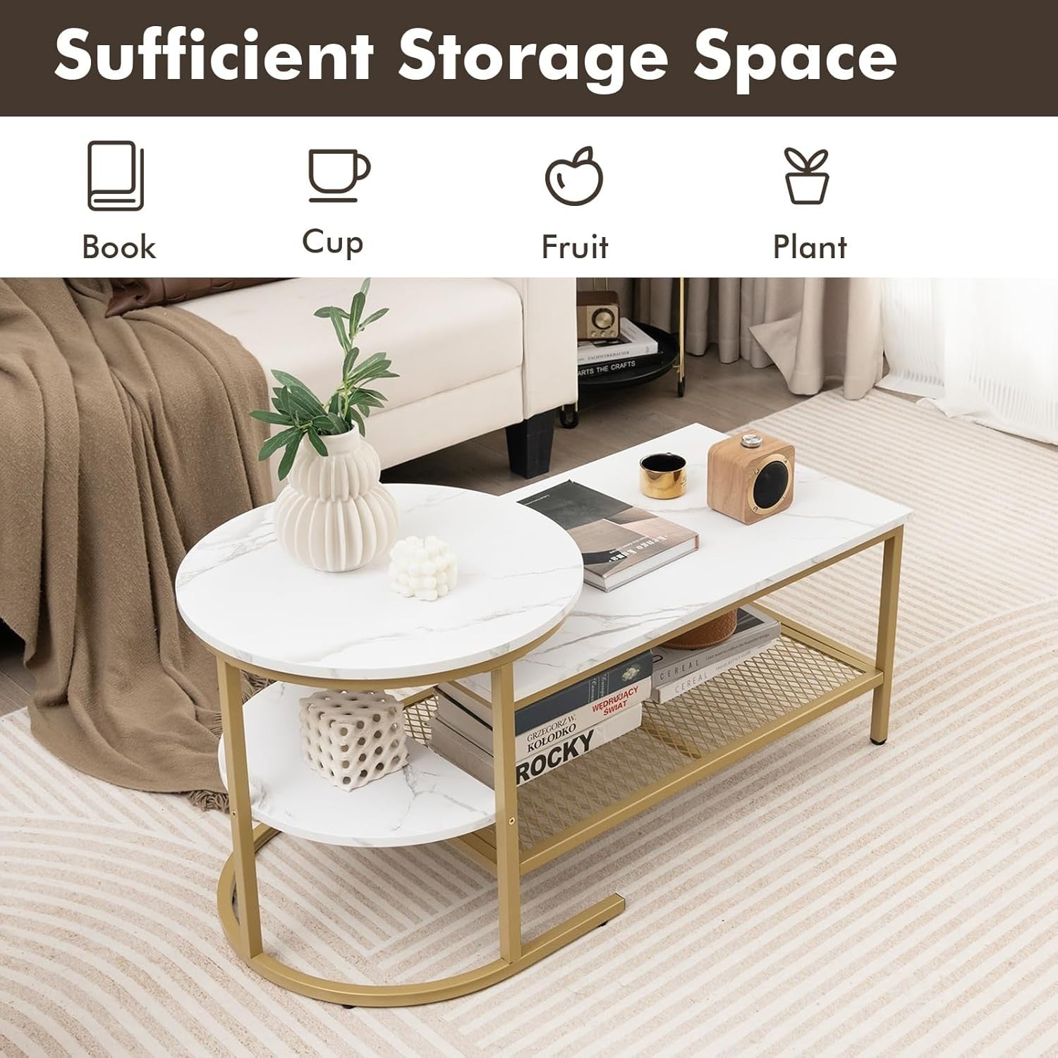 2-in-1 Coffee Table Set Storage Side Sofa Table Adjustable Height Gold White