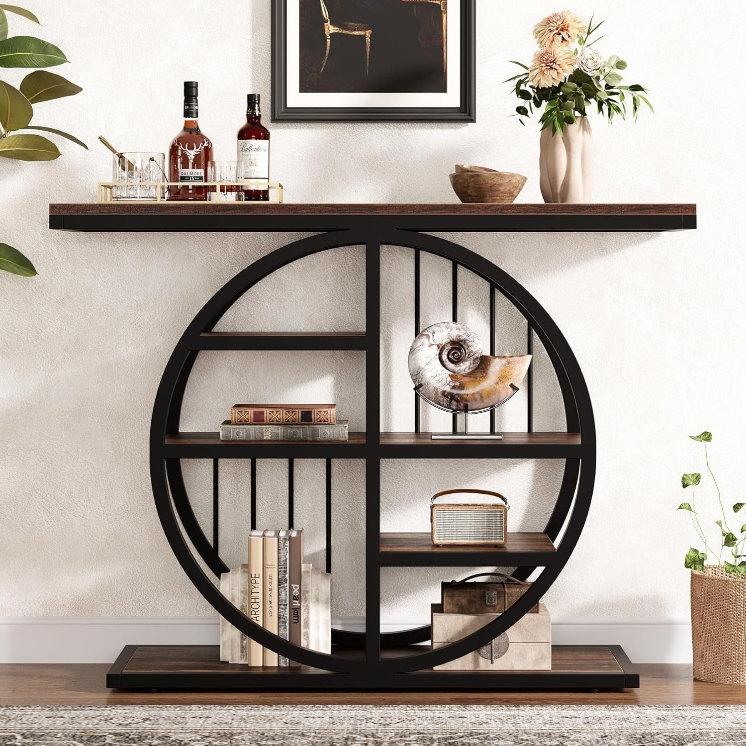 Industrial 5-Tier Console Table with Storage Shelves, Rustic Brown, 100cm
