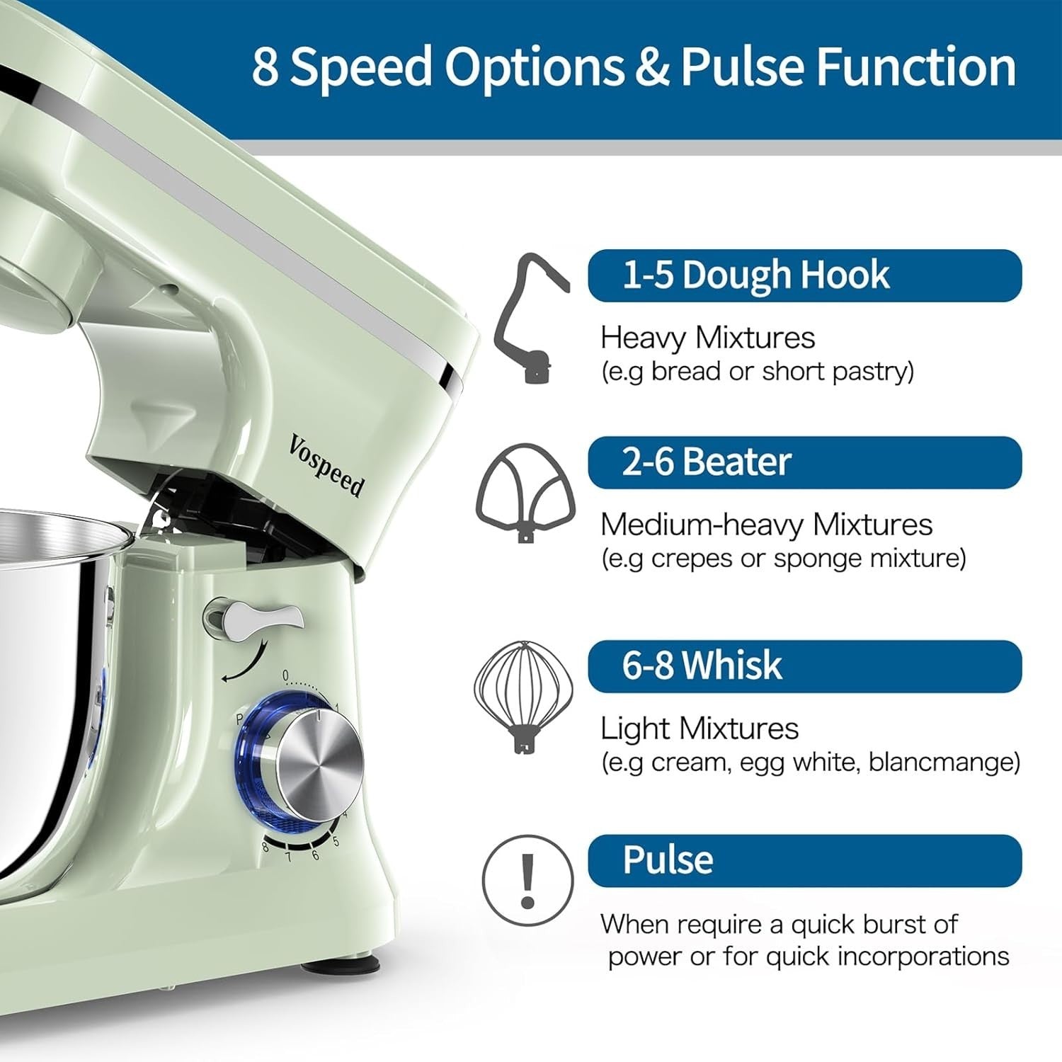 5QT 1000W Stand Mixer 8-Speed Tilt-Head Food Mixer Green Stainless Steel