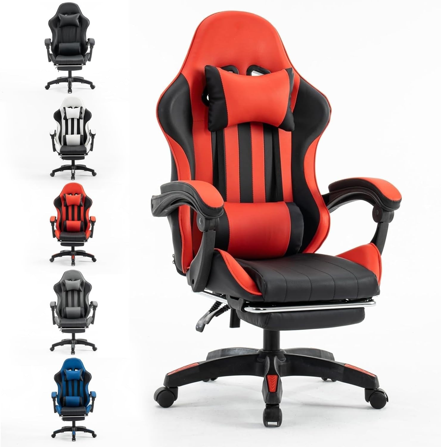 Red PU Leather Gaming Chair Office Desk Swivel PC Recliner Footrest Padded Seat