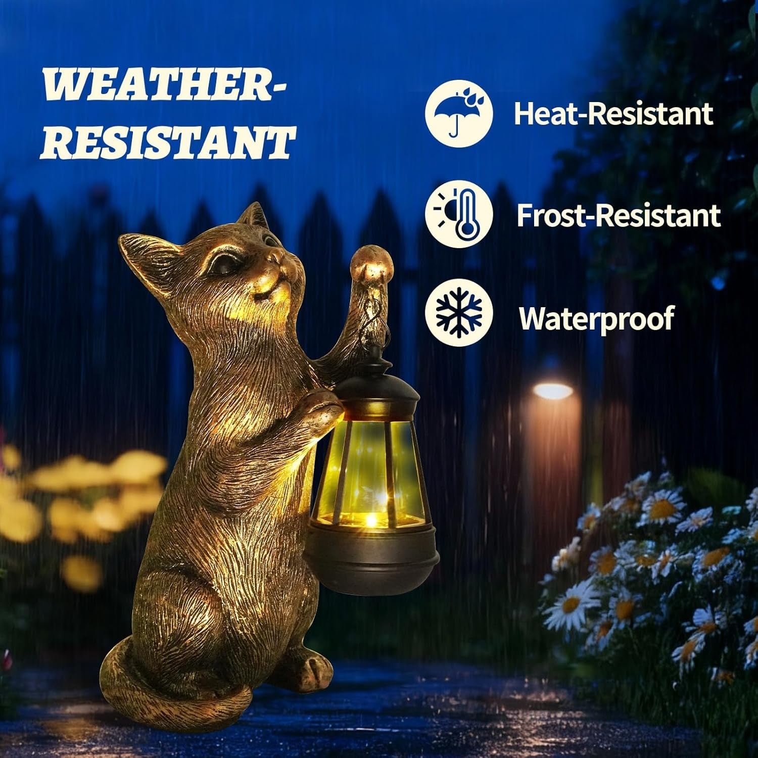 Solar Cat Garden Statue with Lantern Outdoor Resin Ornament LED Yard Decor