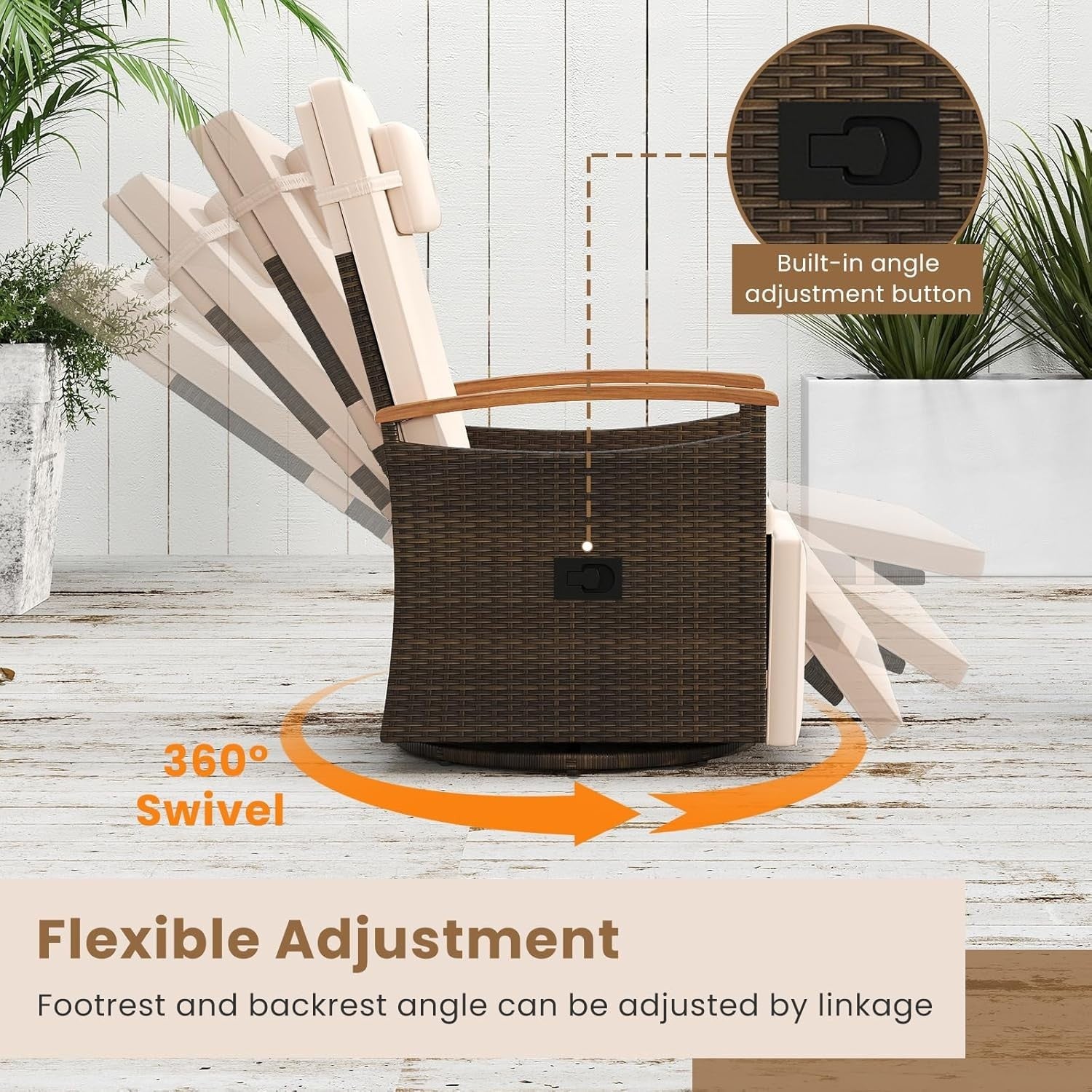 360° Swivel Rattan Recliner Chair with Footrest Side Table Garden Lounger