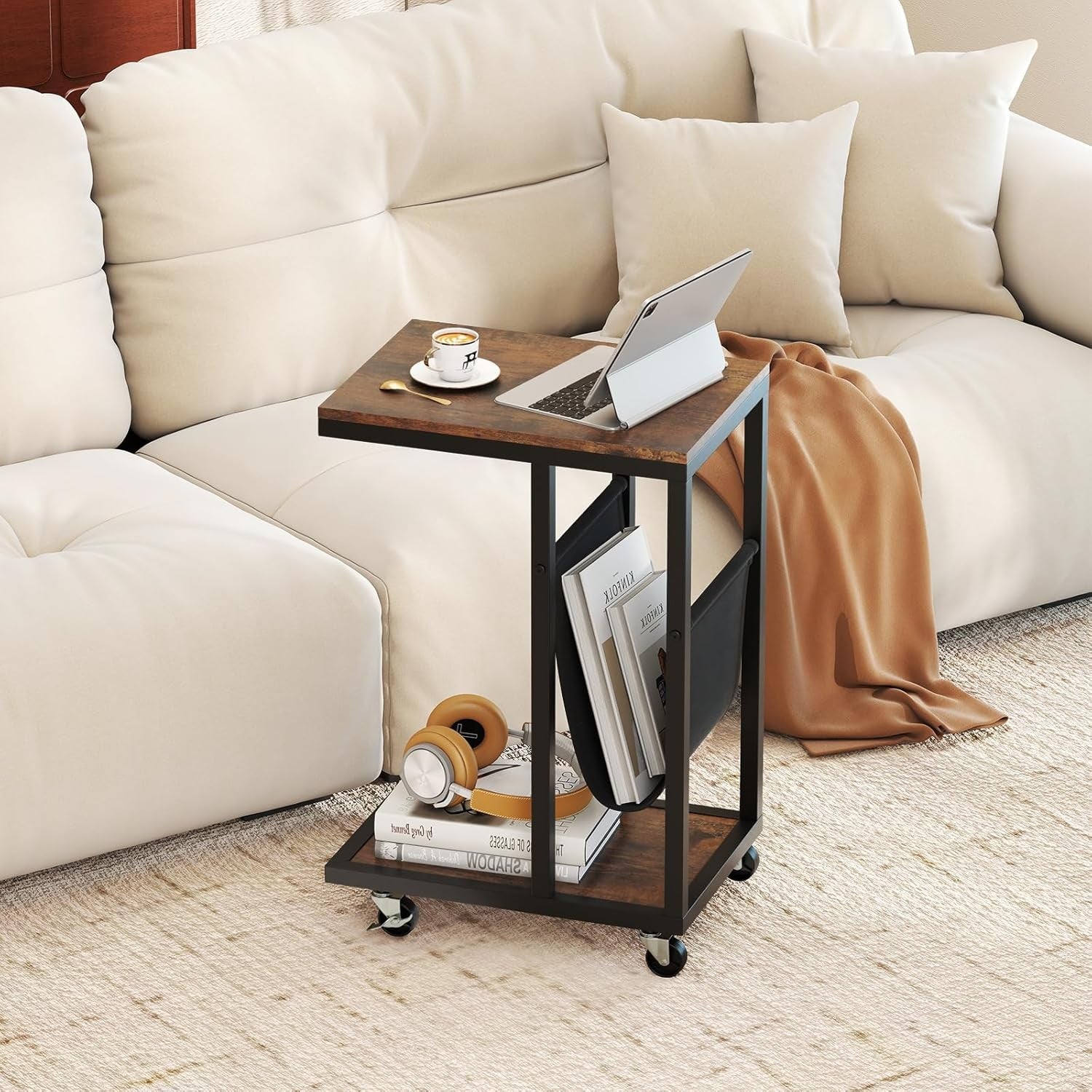 Rolling C-Shaped Side Table Rustic Brown | Sofa Laptop Table w/ Magazine Rack