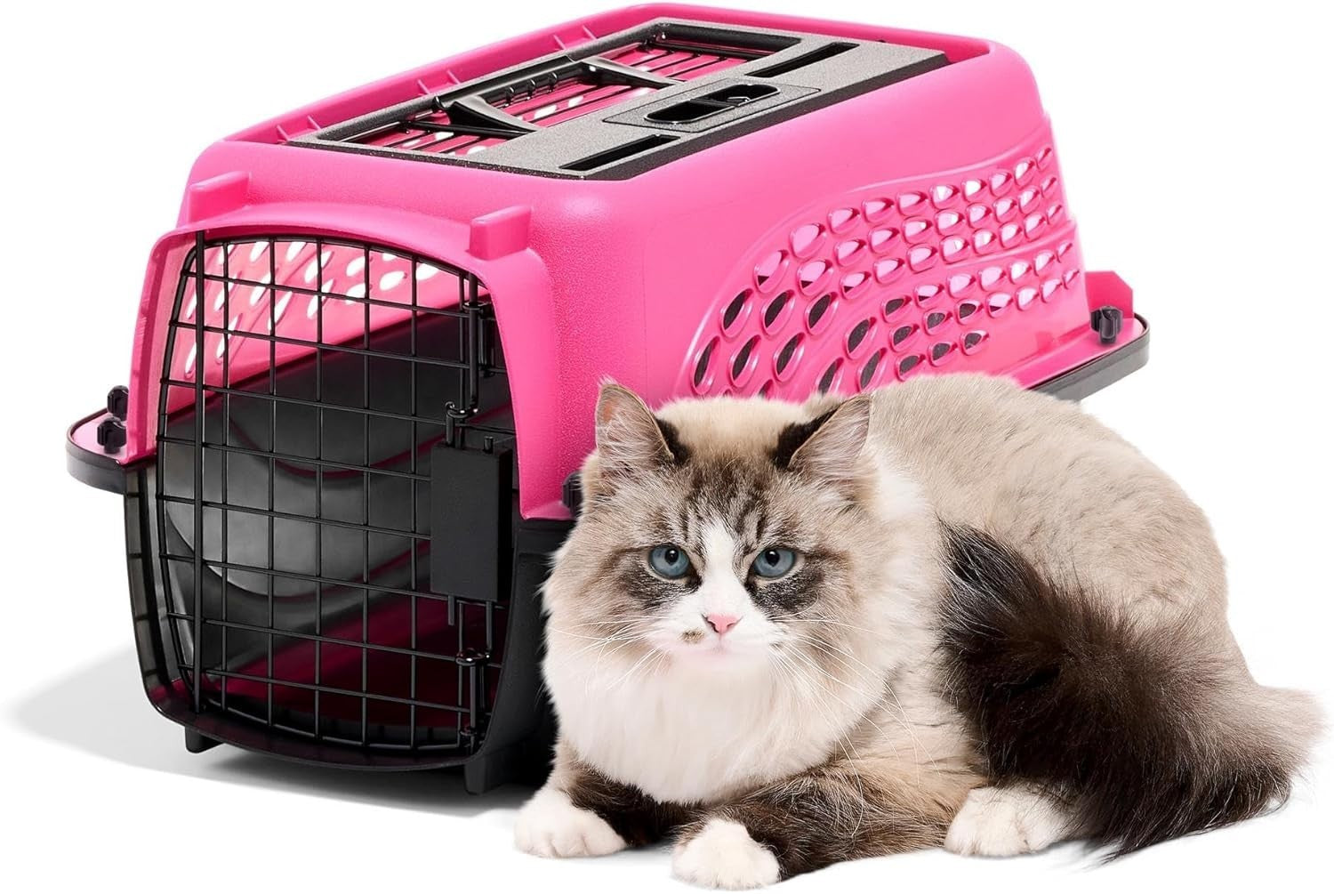 Small Cat Carrier Crate Travel Box 2 Door Top Load Pet Kennel Lockable Pink