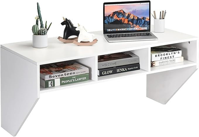 Wall Mounted Floating Desk Laptop Table Storage Shelves Space Saving