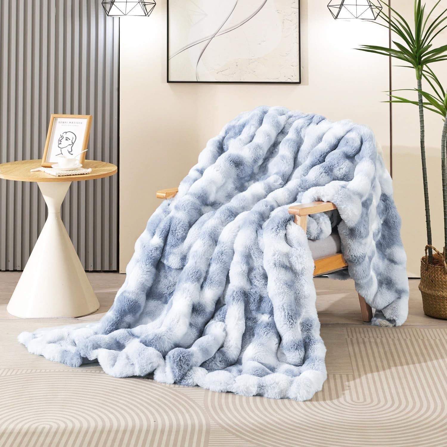 Tie Dye Blue Faux Fur Bubble Throw Blanket Soft Warm Plush Sofa 50x60in