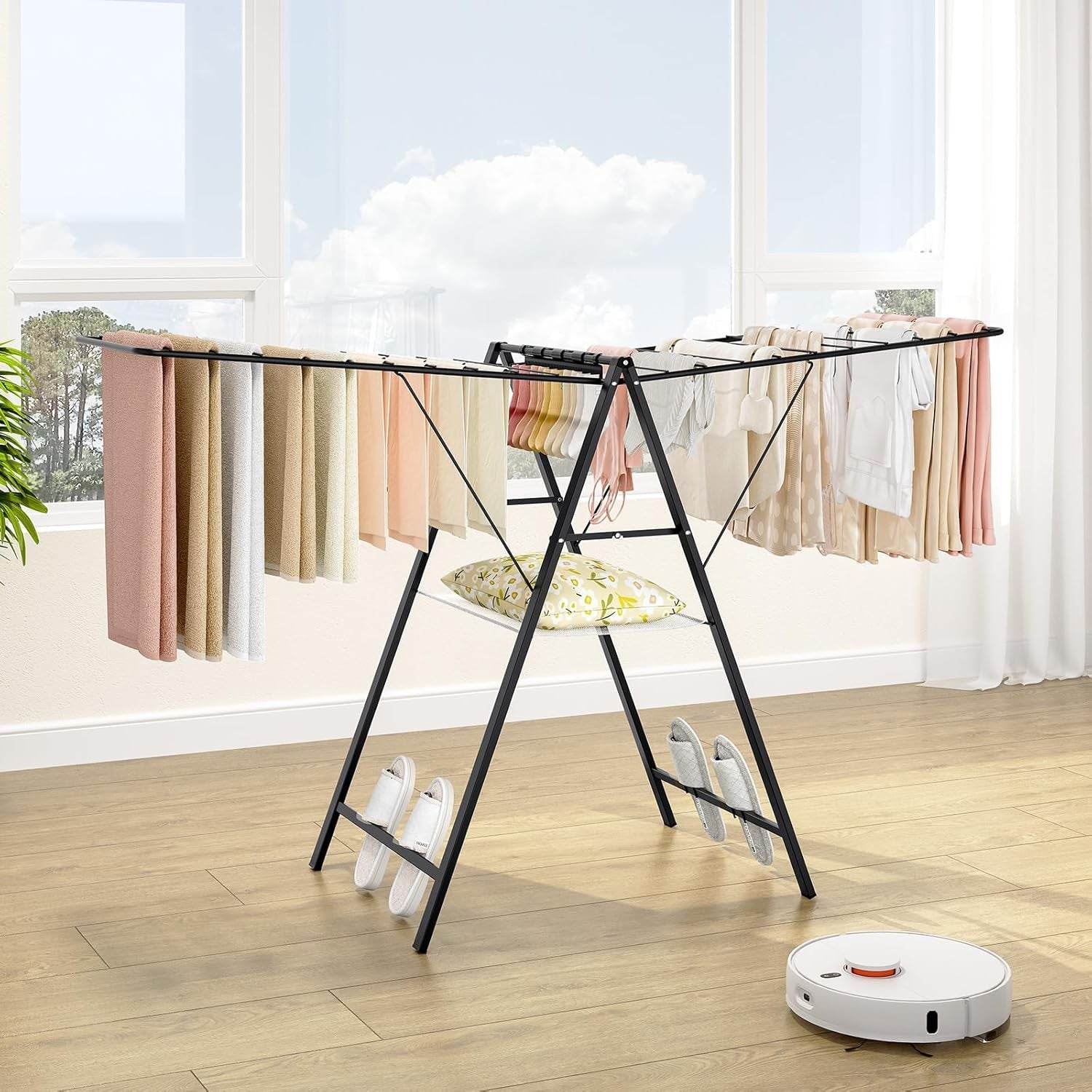 Large Foldable Clothes Drying Rack Adjustable Height Indoor Outdoor