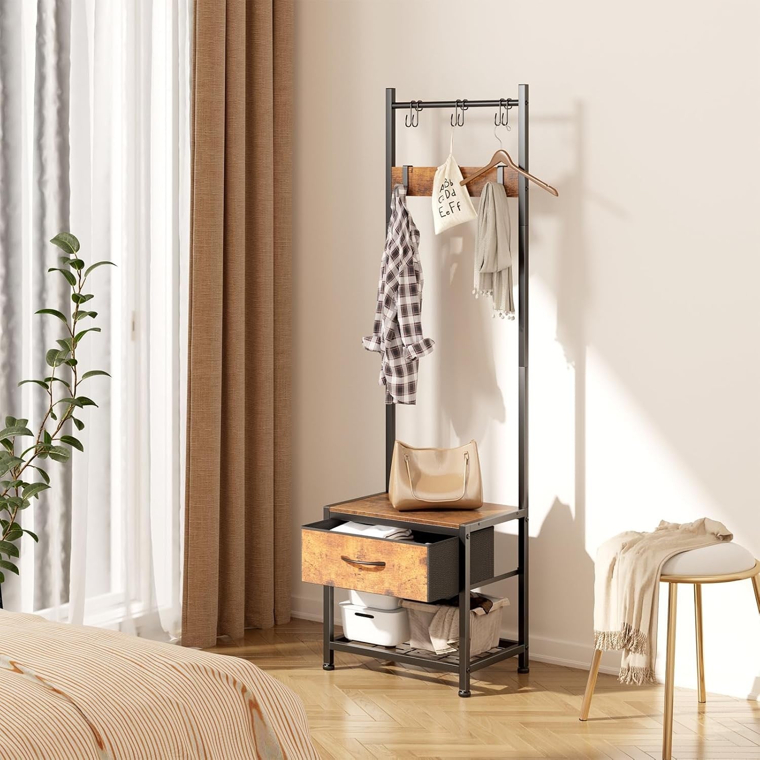 Wall Mounted Oak Coat Rack with Shelf | 9 Hooks Wooden Hanger for Hallway