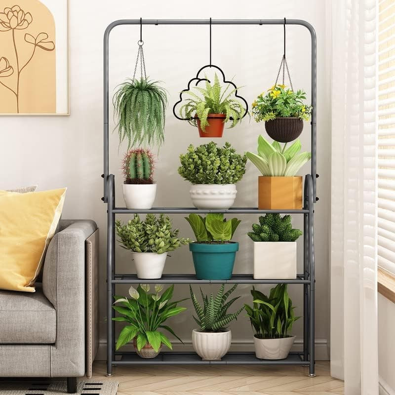 3 Tier Hanging Metal Plant Stand | Tall Indoor Outdoor Flower Pot Shelf Rack