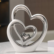 Modern White Silver Double Heart Ceramic Sculpture | Luxury Home Decor Gift