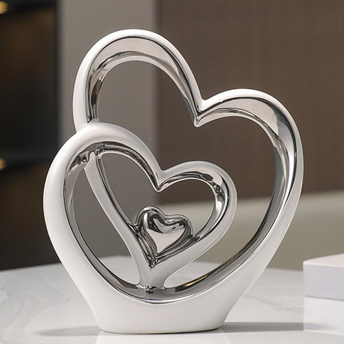 Modern White Silver Double Heart Ceramic Sculpture | Luxury Home Decor Gift