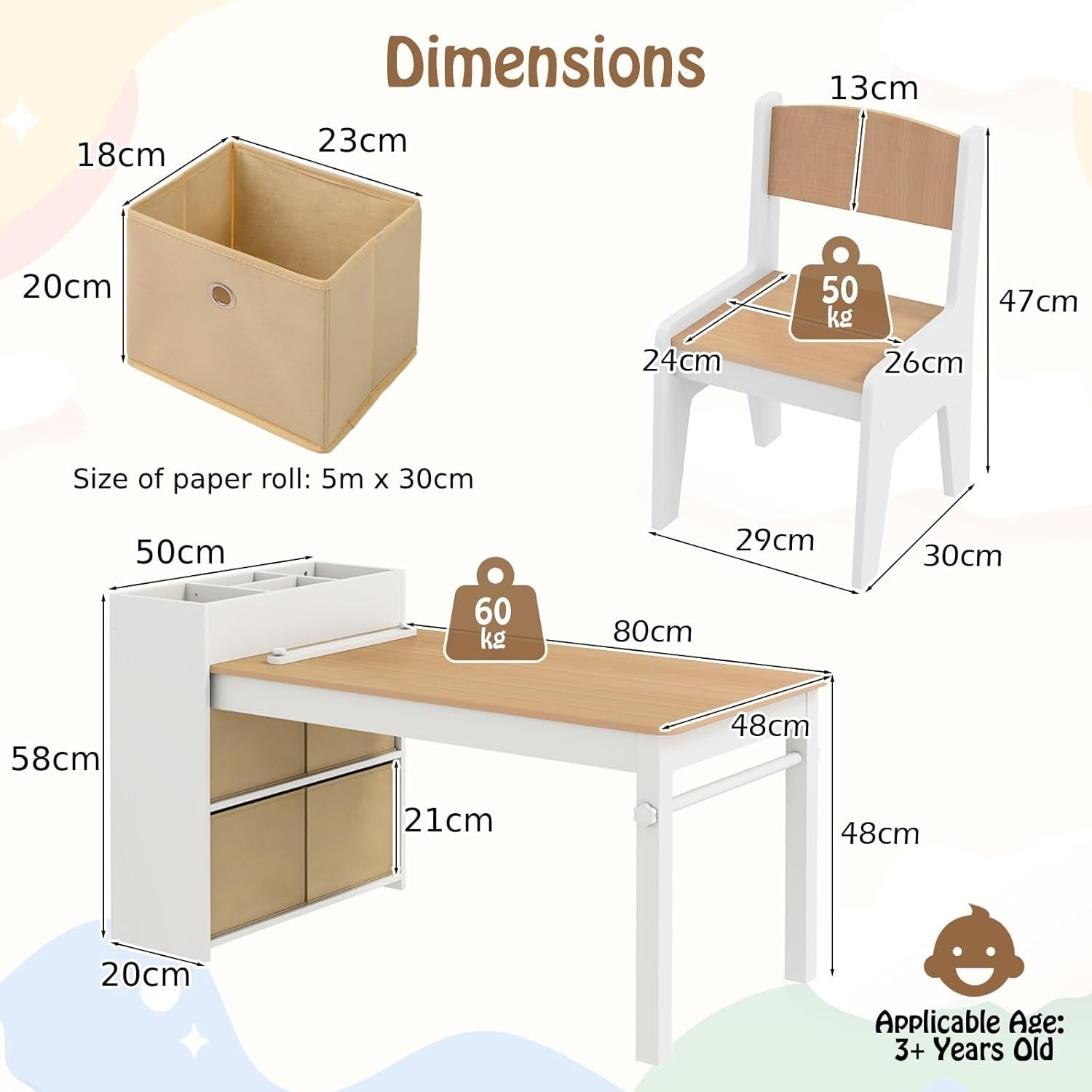 Kids Art Table & Chairs Set with Paper Roll + Storage – Drawing & Craft