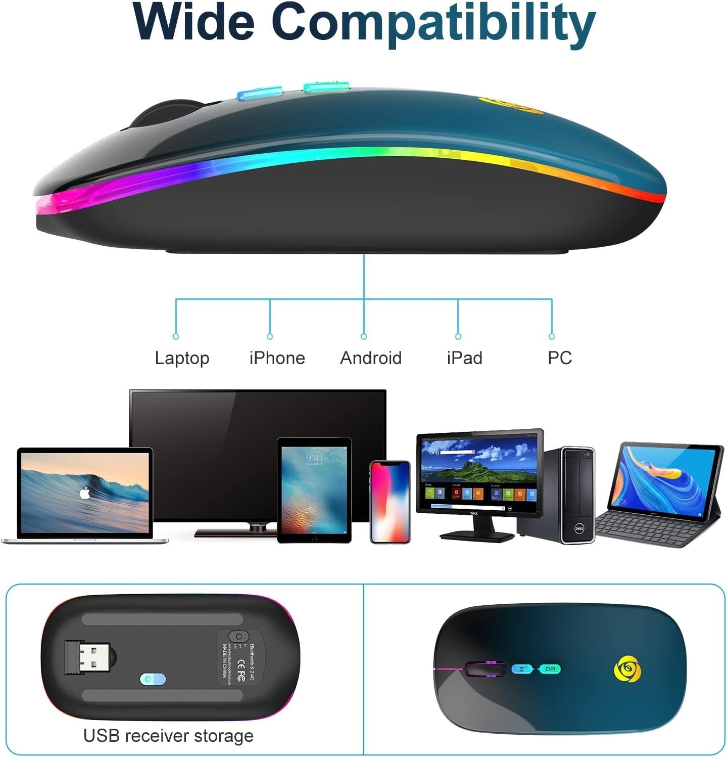 Wireless Bluetooth Mouse Rechargeable Silent RGB Type-C Blue