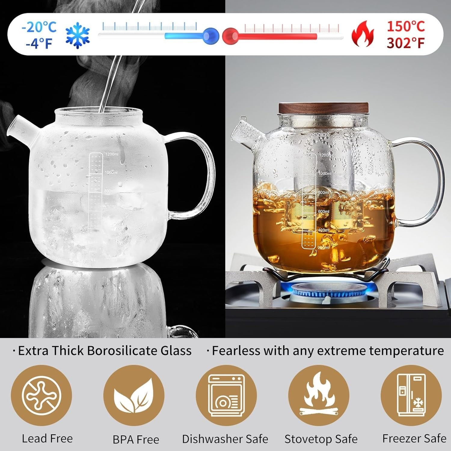 40oz Glass Teapot with Infuser Borosilicate Tea Pot Stovetop Safe