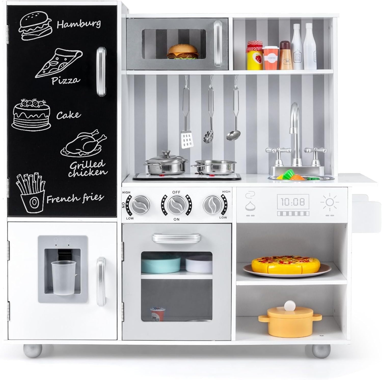 Kids Wooden Play Kitchen w/ Lights Sounds Blackboard Silver