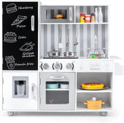 Kids Wooden Play Kitchen w/ Lights Sounds Blackboard Silver